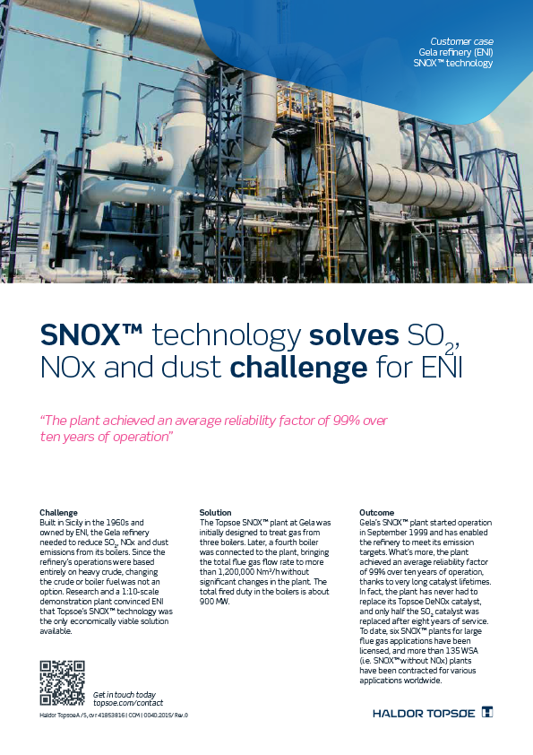 SNOX™技术解决了ENI公司面临的SO2、NOx和粉尘问题